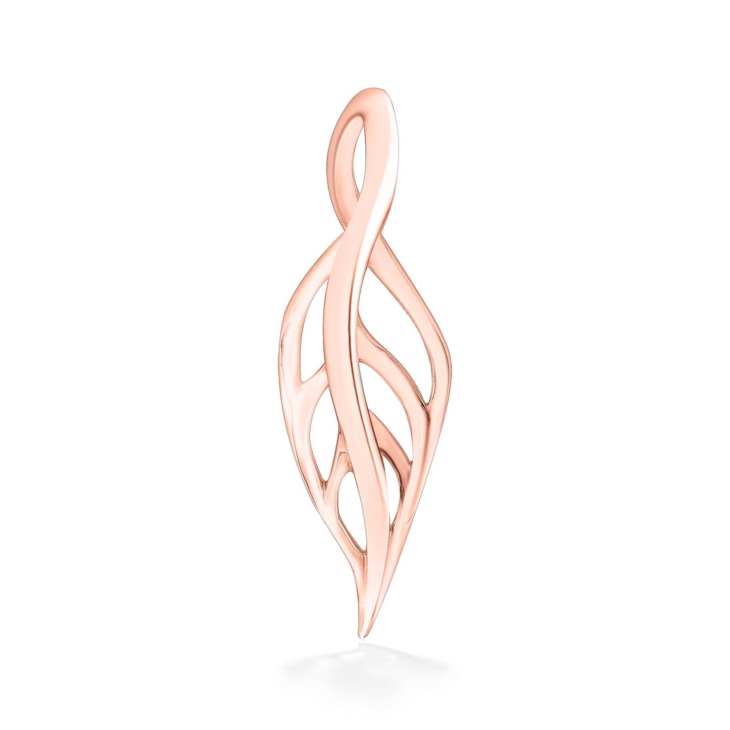 A warm 14K rose gold Maile leaf pendant showcasing elegant curves and airy detailing, 1 1/16 inches long. Item No. 19913