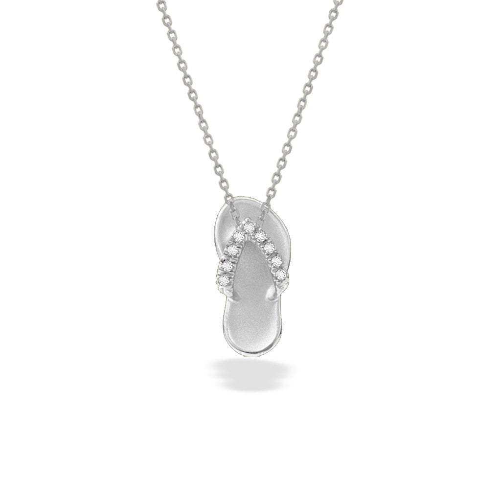 White gold flip-flop pendant necklace with diamond-accented strap on a matching chain. Item No. 19915