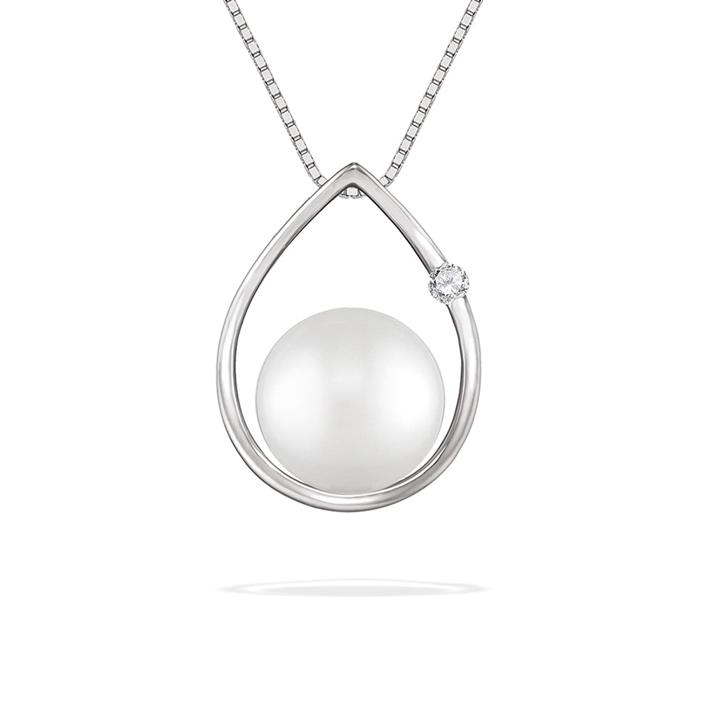 Sleek 14K white gold raindrop pendant showcasing a 9–10mm White South Sea pearl and subtle diamond accent. Item No. 19923