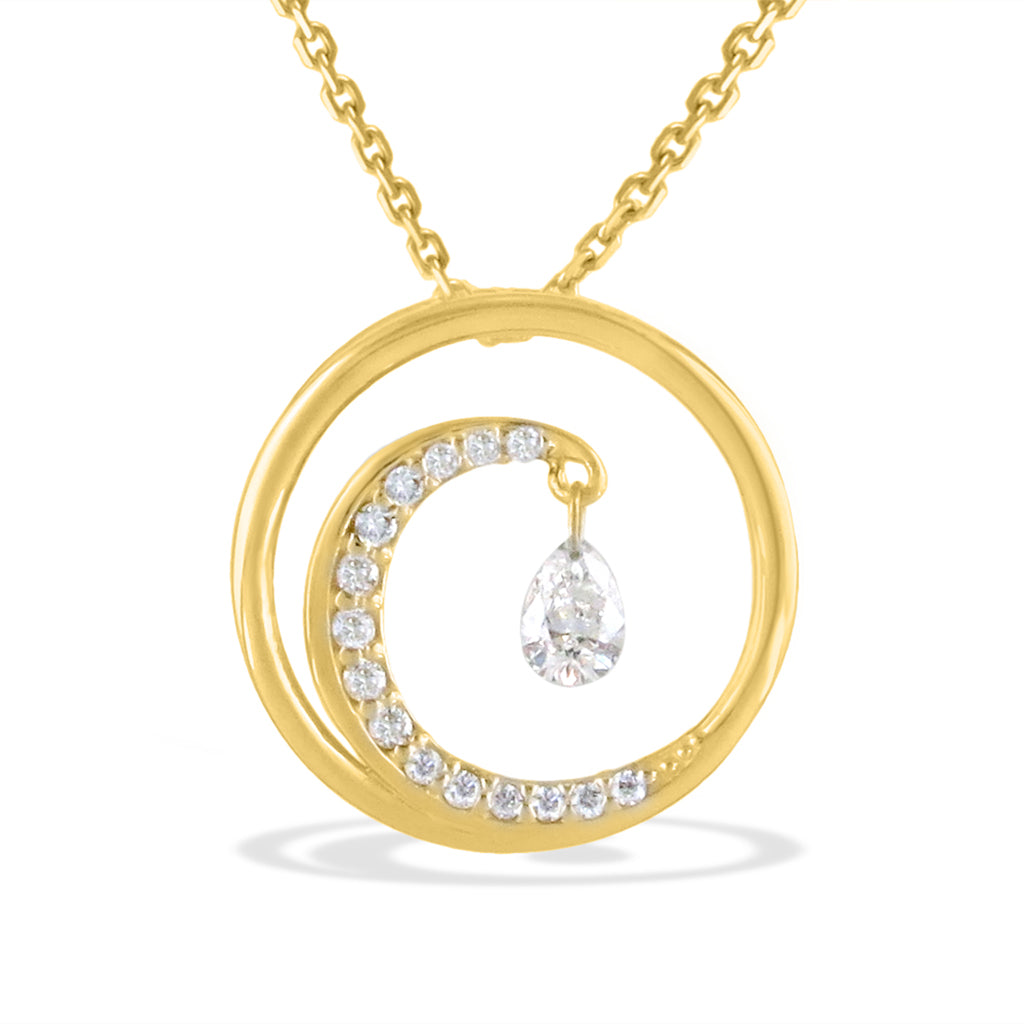 Small yellow gold wave pendant with diamond-lined swirl and pear-shaped shimmer drop at center. Item No. 19927