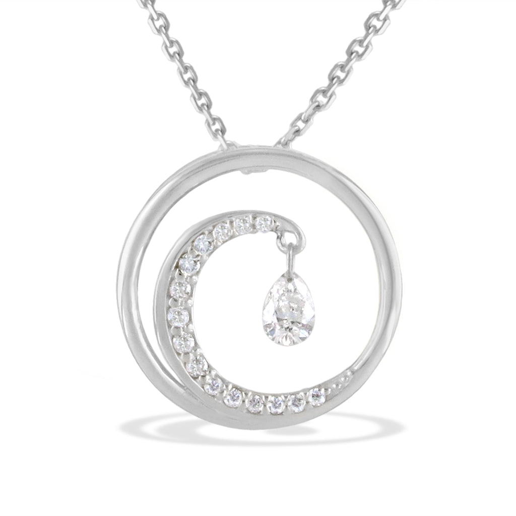 Small white gold circle pendant of wave-motif design with diamond-lined arc & center pear-shaped diamond drop. Item No. 19928