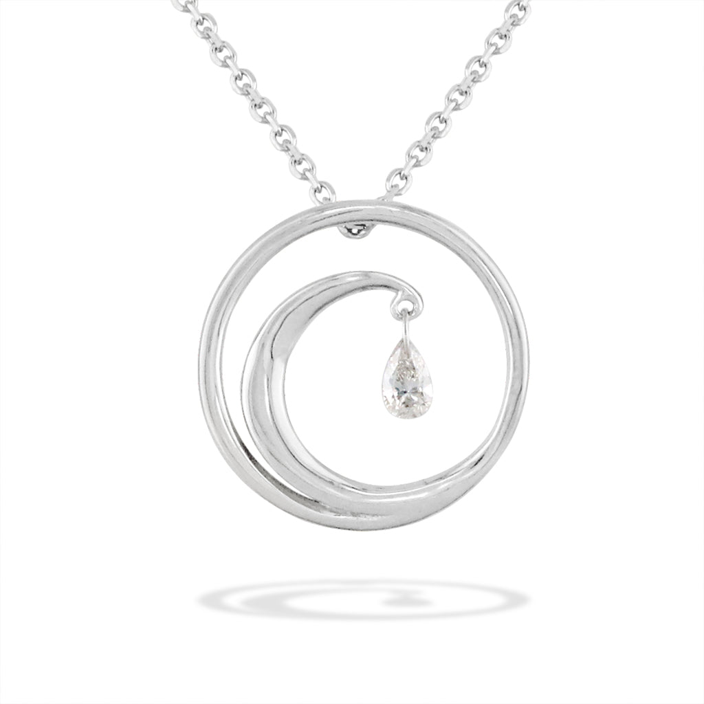 A pear-cut shimmer diamond dangles at the center of a swirl pendant crafted in polished 14k white gold. Item No. 19934