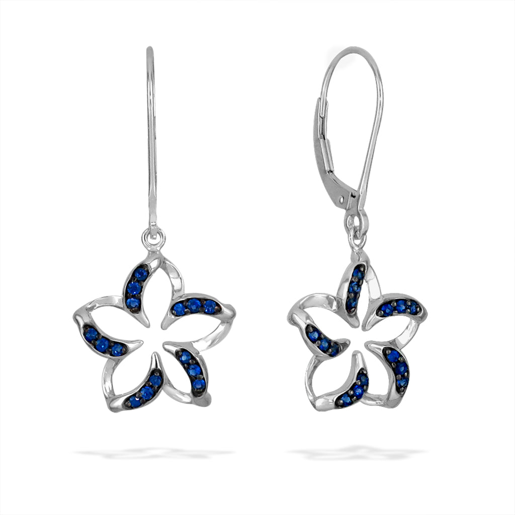 Elegant white gold floating plumeria leverbacks, featuring curved petals set with vivid blue sapphire stones. Item No. 19938