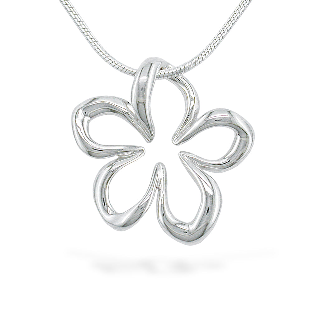 Five-petal sterling silver pendant resembling a stylized plumeria flower with negative space center. Item No. 19960