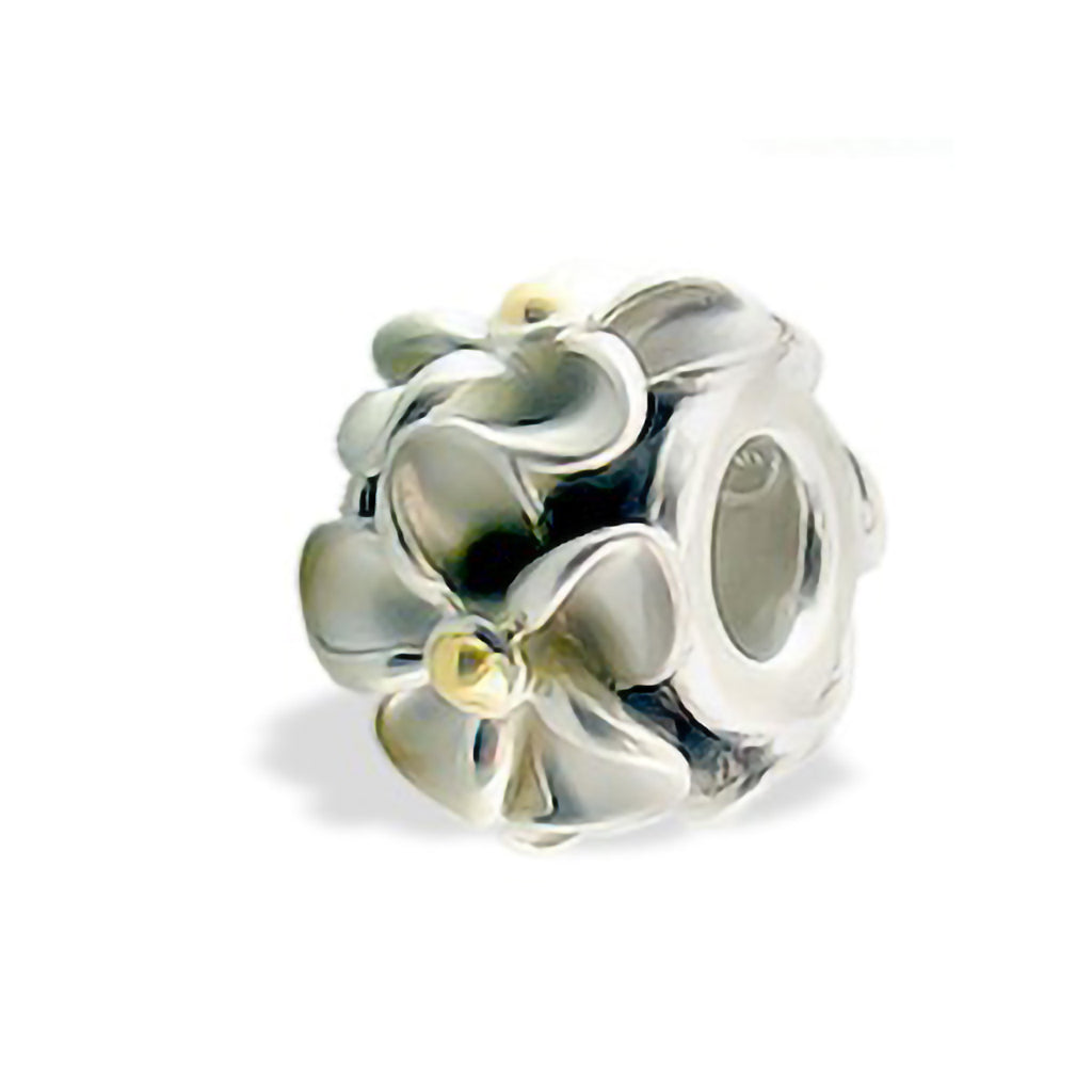 Sterling silver puka bead with raised plumeria flowers and 18k yellow gold accented centers. Item No. 19969