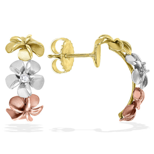 19981 - 14K Rose Gold, 14K White Gold and 14K Yellow Gold - Tri-Color Plumeria Half Hoop Earrings