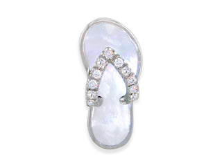 10828 - 14K White Gold - Large Hawaiian Slipper Pendant with White Mother of Pearl and Diamonds