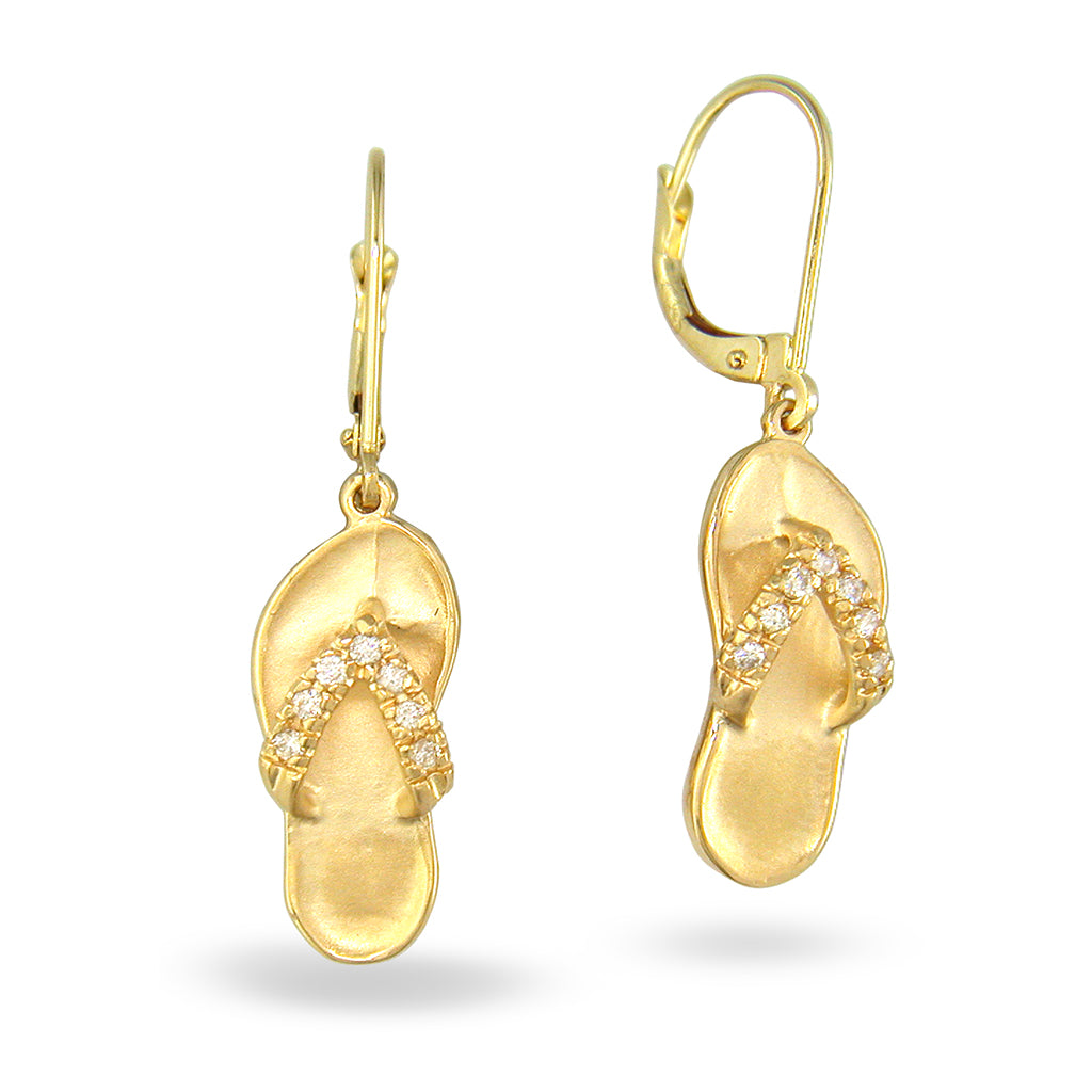 Pair of yellow gold flip-flop drop earrings with pavé diamond straps on leverback hooks. Item No. 10682
