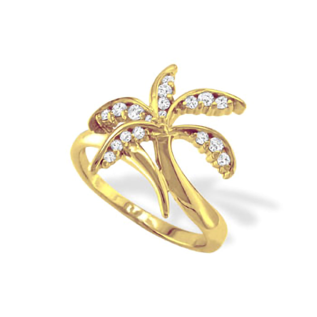 14K yellow gold palm tree ring with 0.25 carats of pavé-set diamonds on a size 7 band. Item No. 10522