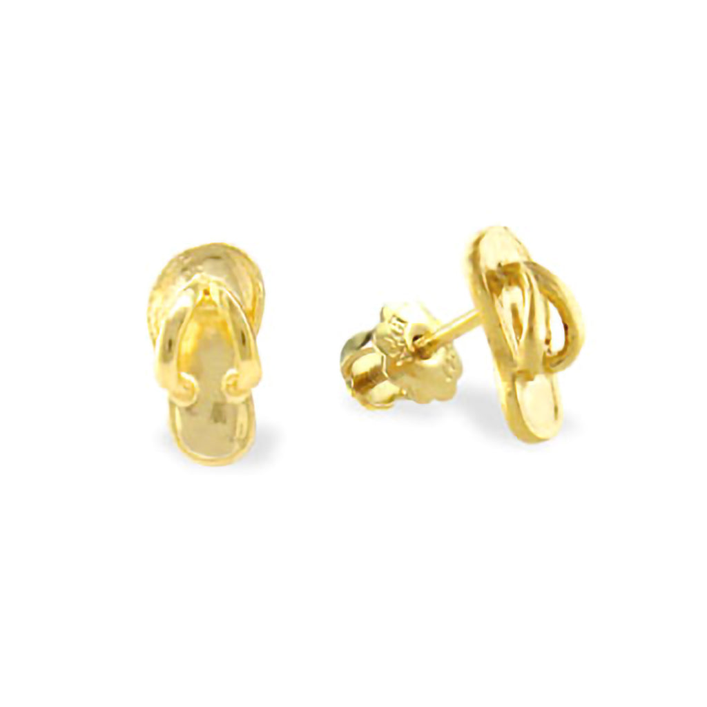 Back view of yellow gold flip-flop stud earrings showing post and butterfly backing. Item No. 10437