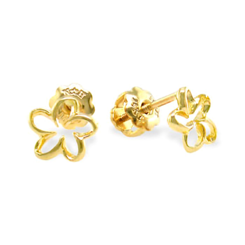 Delicate yellow gold floating plumeria children’s earrings with screw-back posts for secure wear. Item No. 10435