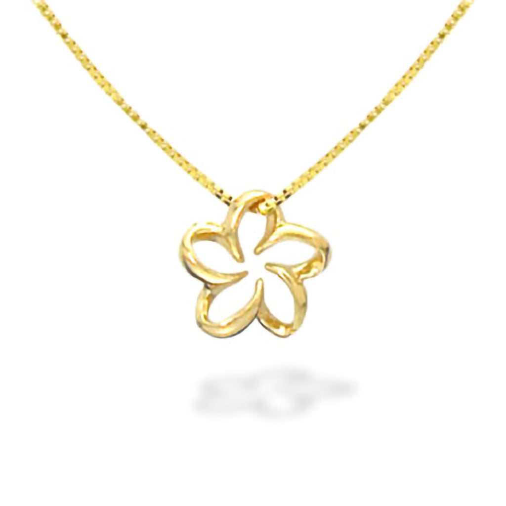 Na keiki (children's) 14k yellow gold floating plumeria pendant necklace with delicate chain. Item No. 10423
