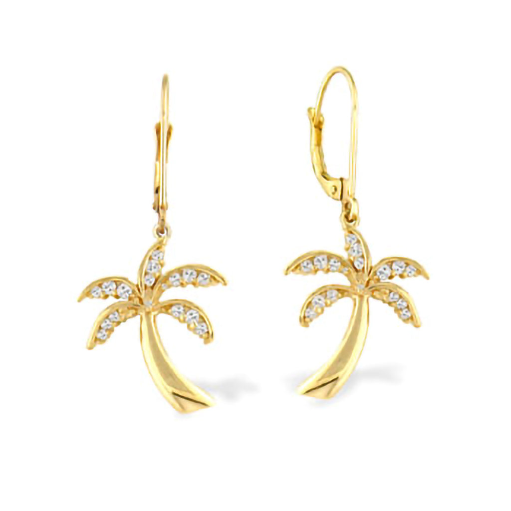 Palm tree earrings with pavé-set diamonds and leverback closures made in 14K yellow gold. Item No. 10327