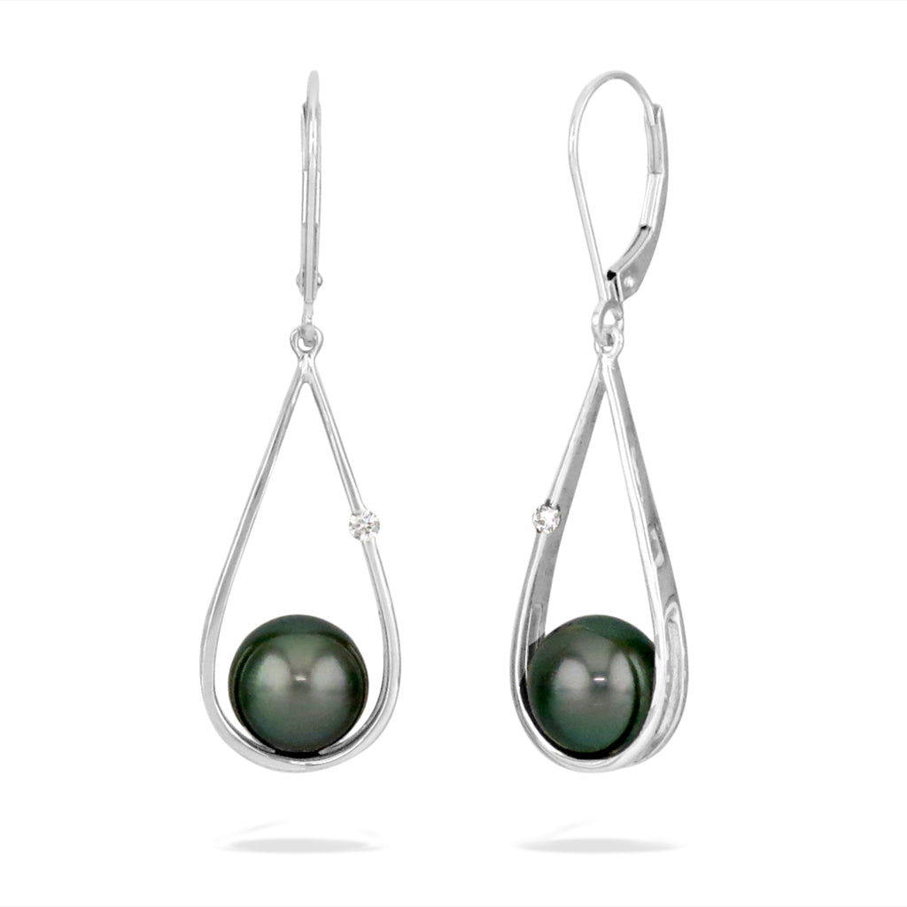 White gold raindrop-style leverbacks with 9mm tahitian pearls & small accent diamonds in teardrop frames. Item No. 11155