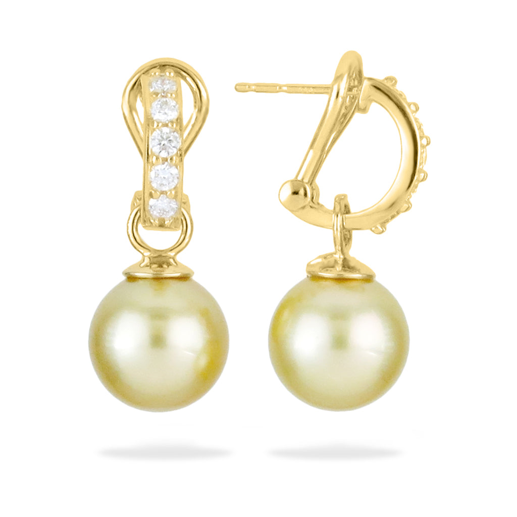 Golden South Sea Pearl earrings with diamond accented omega backings set in 14K yellow gold. Item No. 11465