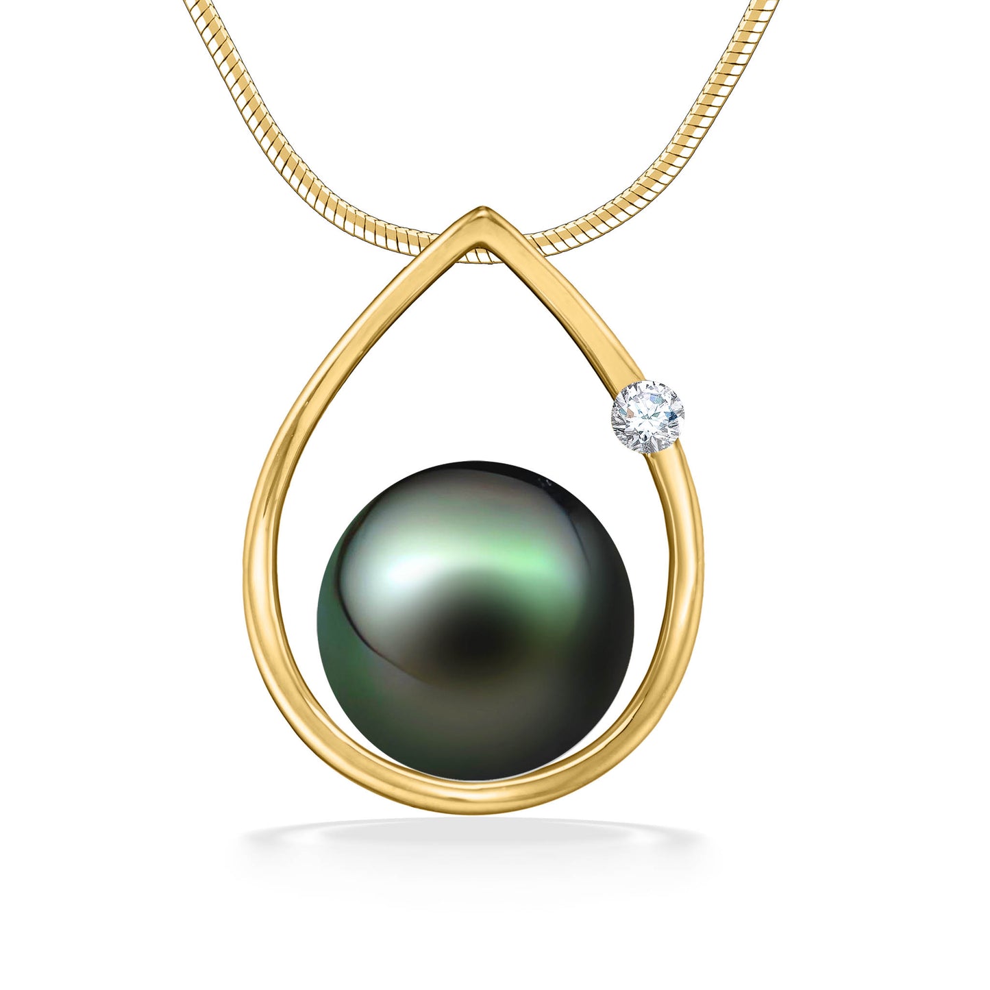 Gold raindrop pendant with a 10-11mm tahitian pearl and single diamond accent on fine gold chain. Item No. 11475