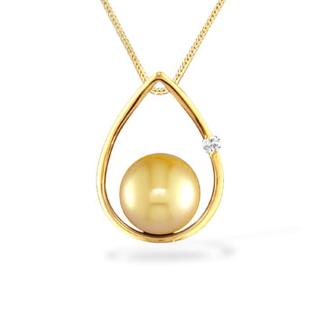 Teardrop-shaped 14K yellow gold pendant cradling an 8.5–9mm Golden South Sea pearl with a diamond accent. Item No. 11618