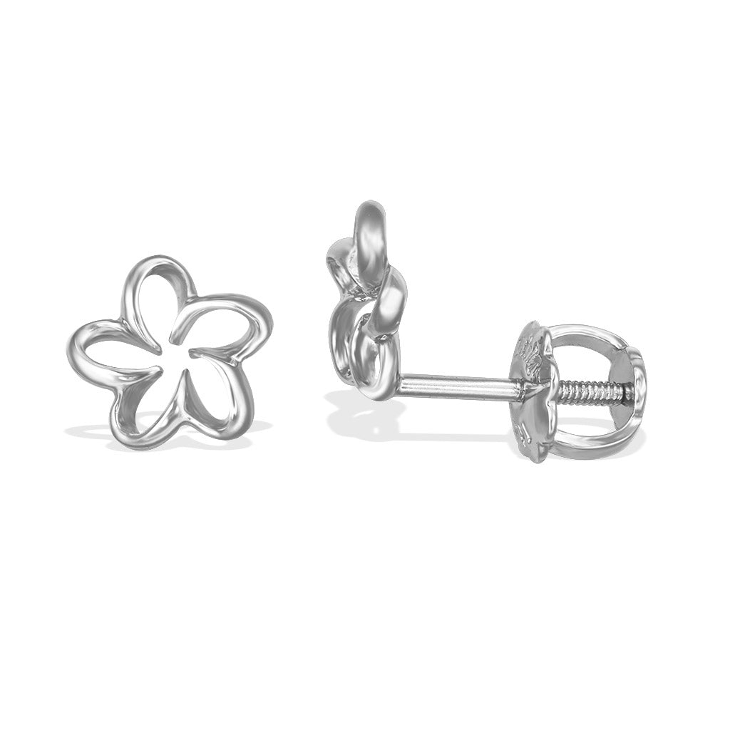 White gold open petal style floating plumeria stud earrings for children, with screw-back posts for safety. Item No. 10126