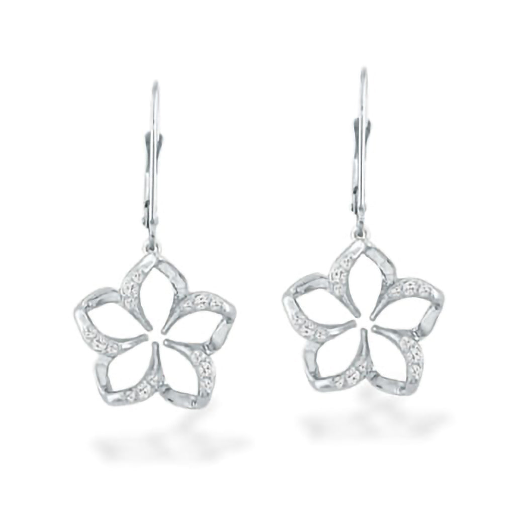 White gold plumeria leverback earrings with open petal design & diamond accents for a sparkling, modern style. Item No. 10044