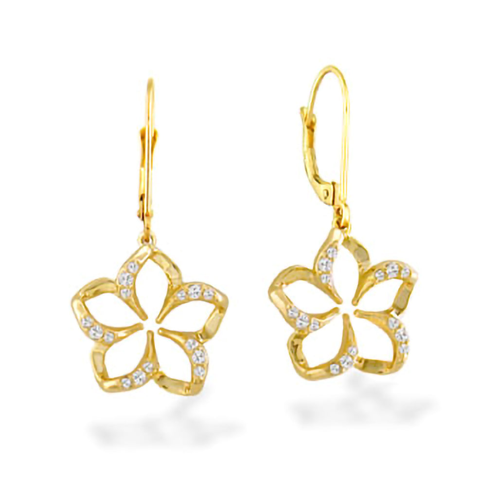Yellow gold plumeria earrings with shimmering diamond details, angled to showcase the leverback closure. Item No. 10039