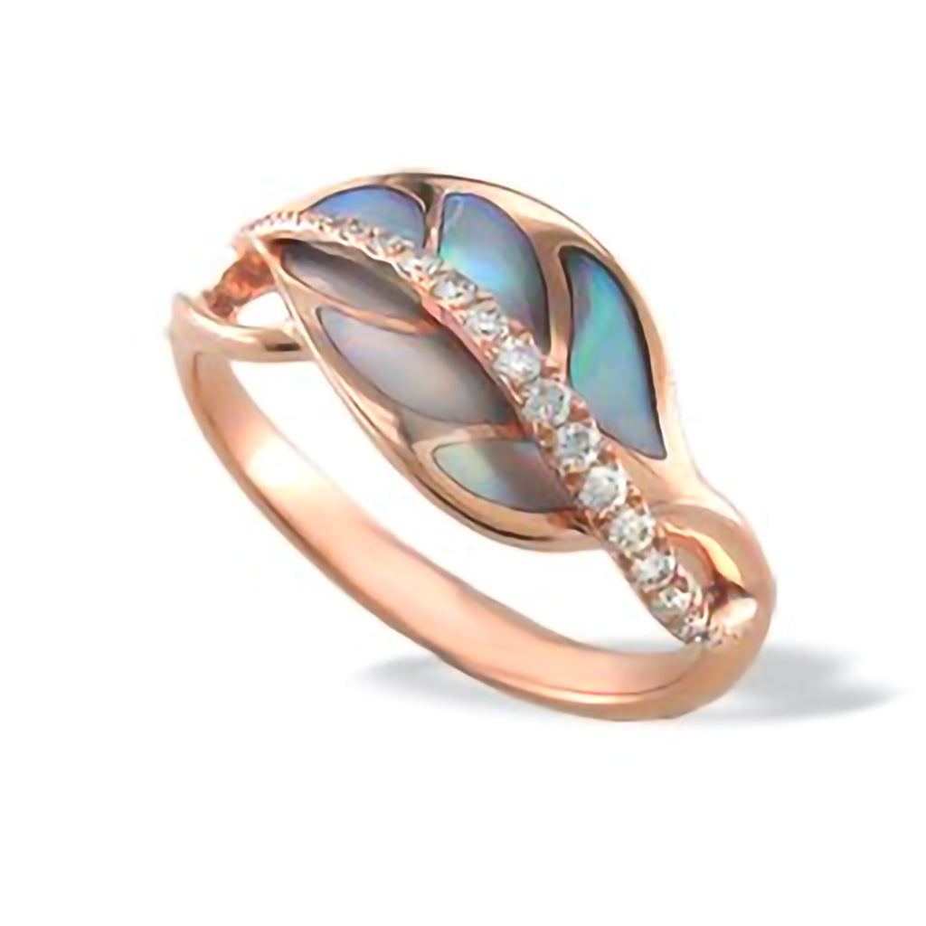 Rose gold maile leaf ring with pink mother of pearl inlay and 0.13 carat total diamond weight. Item No. 13291
