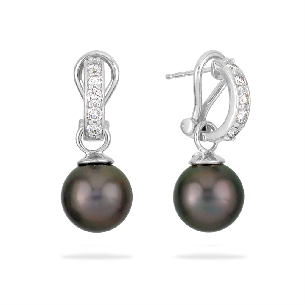 Side angle showing the omega backings of the 14k white gold tahitian pearl hoop earrings, with diamond detail. Item No. 12310