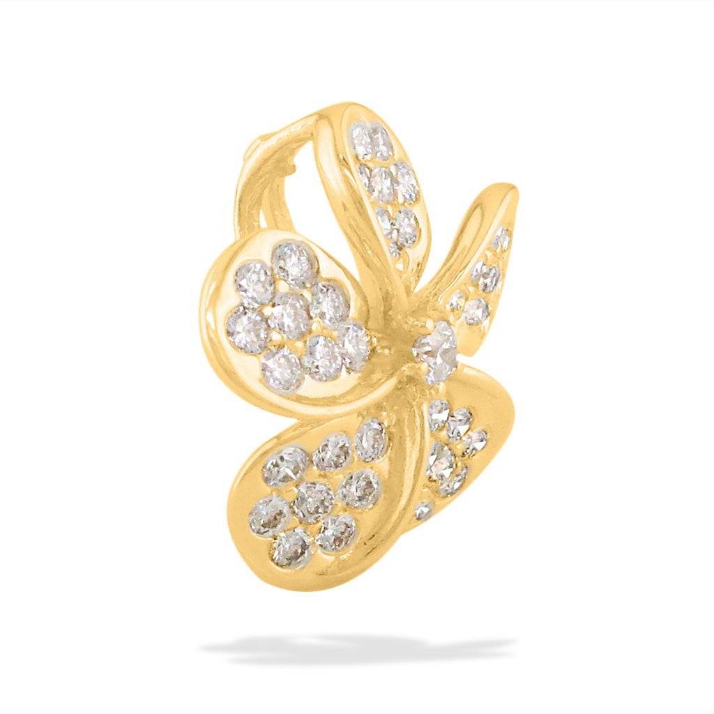 Side view of 14k yellow gold diamond plumeria pendant showcasing hidden bail behind petal design. Item No. 13566