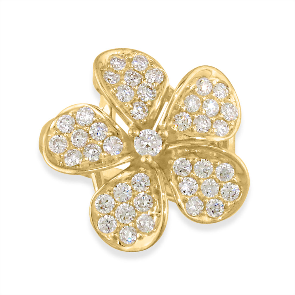 Top view of diamond-studded plumeria ring in polished yellow gold with five petal design. Item No. 13628