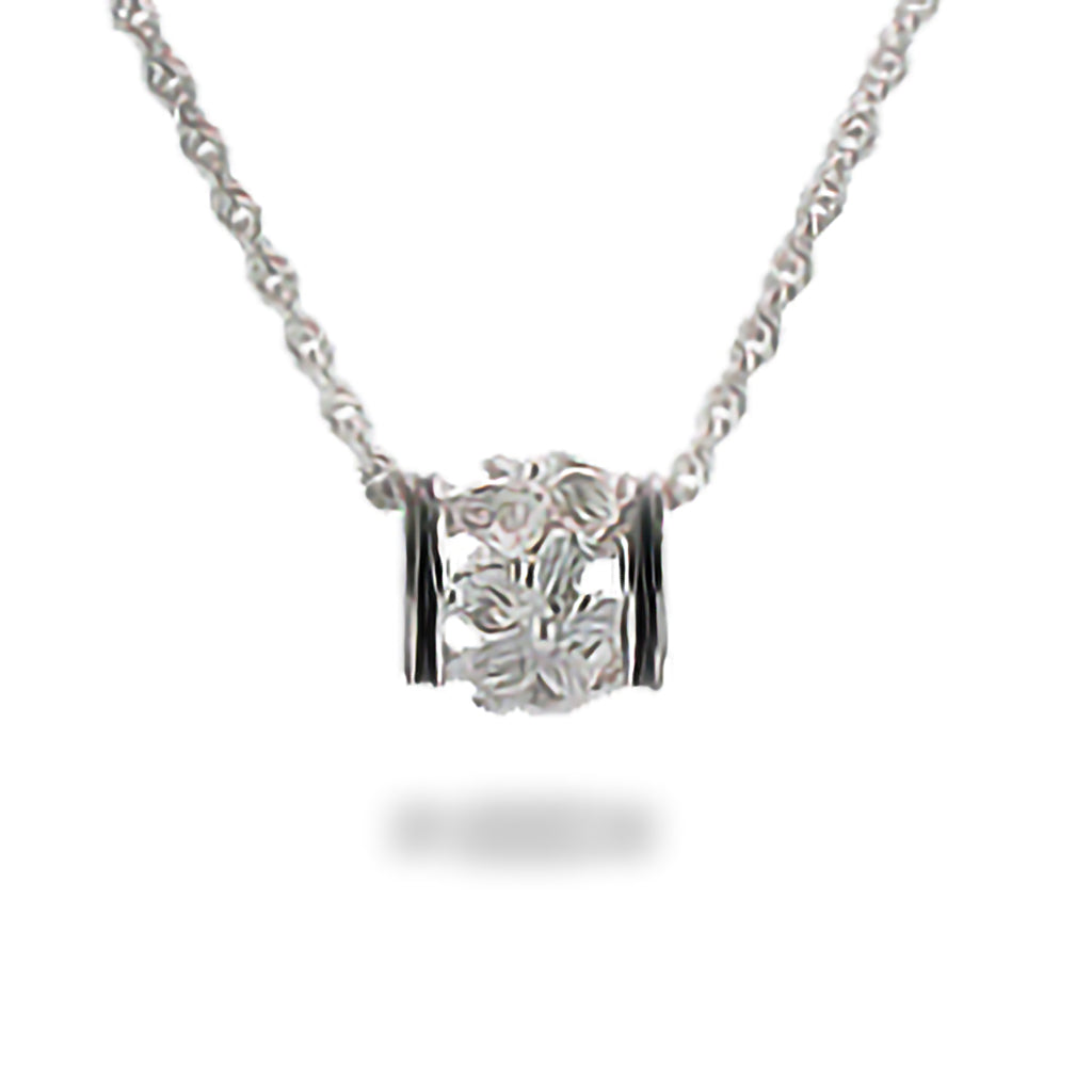 Sterling silver small Lei Aliʻi puka pendant with black enamel borders and raised plumeria flowers. Item No. 13472