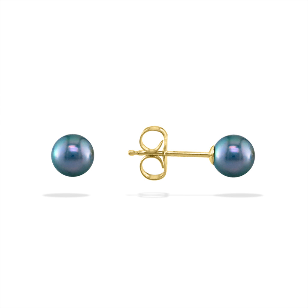 Yellow gold stud earrings featuring small round blue Akoya pearls with classic post backing. Item No. 14241