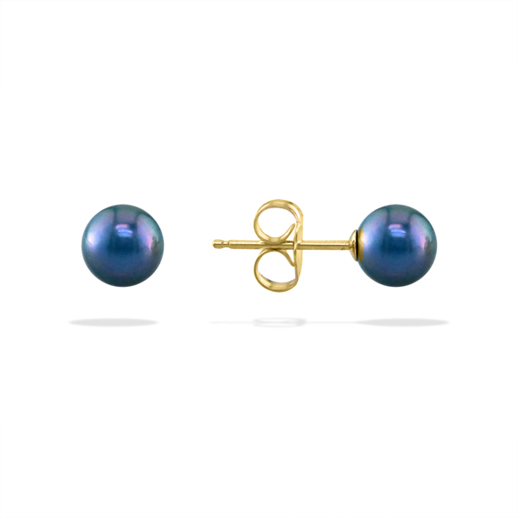 Blue akoya 5mm pearl studs with left side fully visible & the right side showing yellow gold post & earnut. Item No. 14255