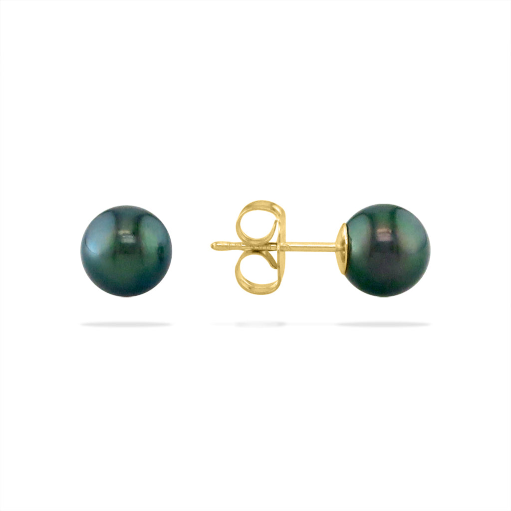 14267 - 14K Yellow Gold - Peacock Akoya Pearl Stud Earrings, 6mm