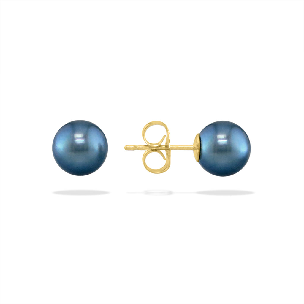 Yellow gold pearl studs showcasing deep blue Akoya pearls with a polished high-luster finish. Item No. 14270