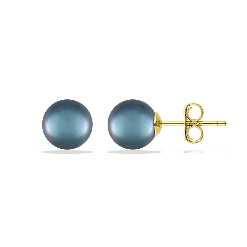 Classic stud earrings with blue Akoya pearls in yellow gold, shown from front and side to highlight the post. Item No. 14278
