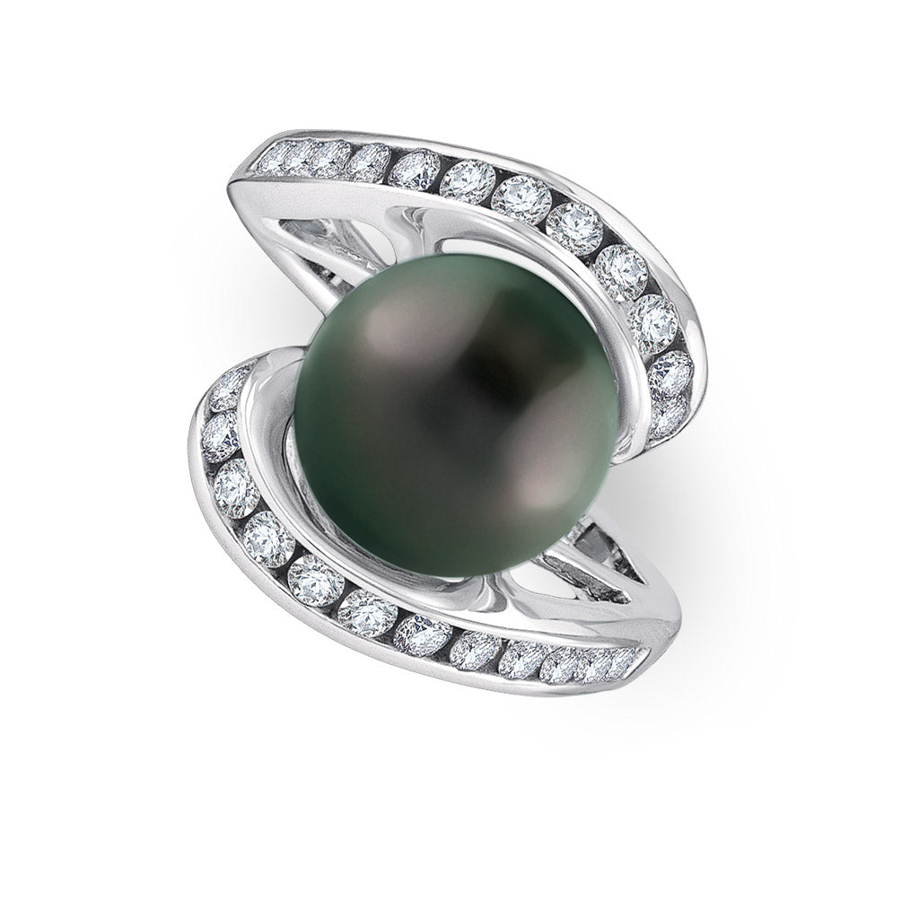 White gold ring with round tahitian pearl centerpiece, embraced by sweeping channel-set diamond curves. Item No. 12195