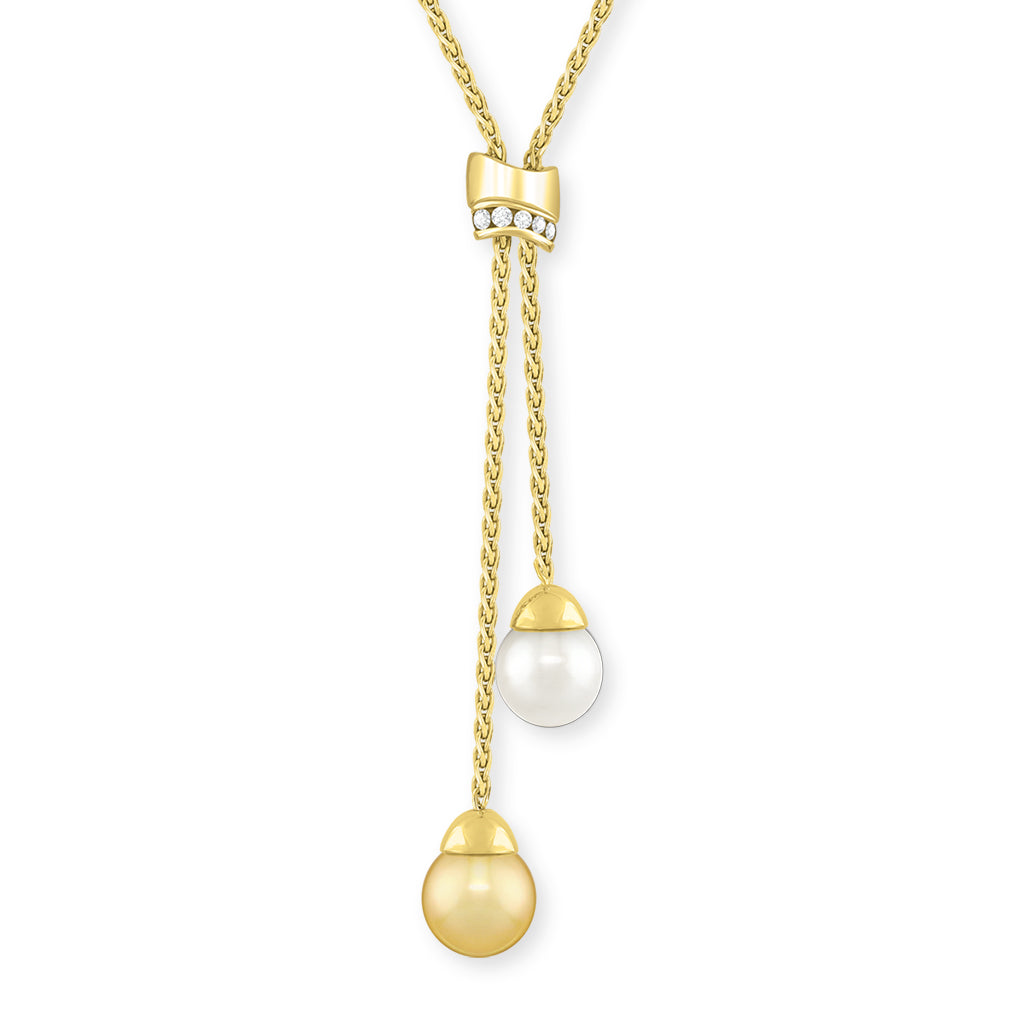Yellow gold lariat necklace with diamond-accented rectangle slider close to gold & white south sea pearl ends. Item No. 12210