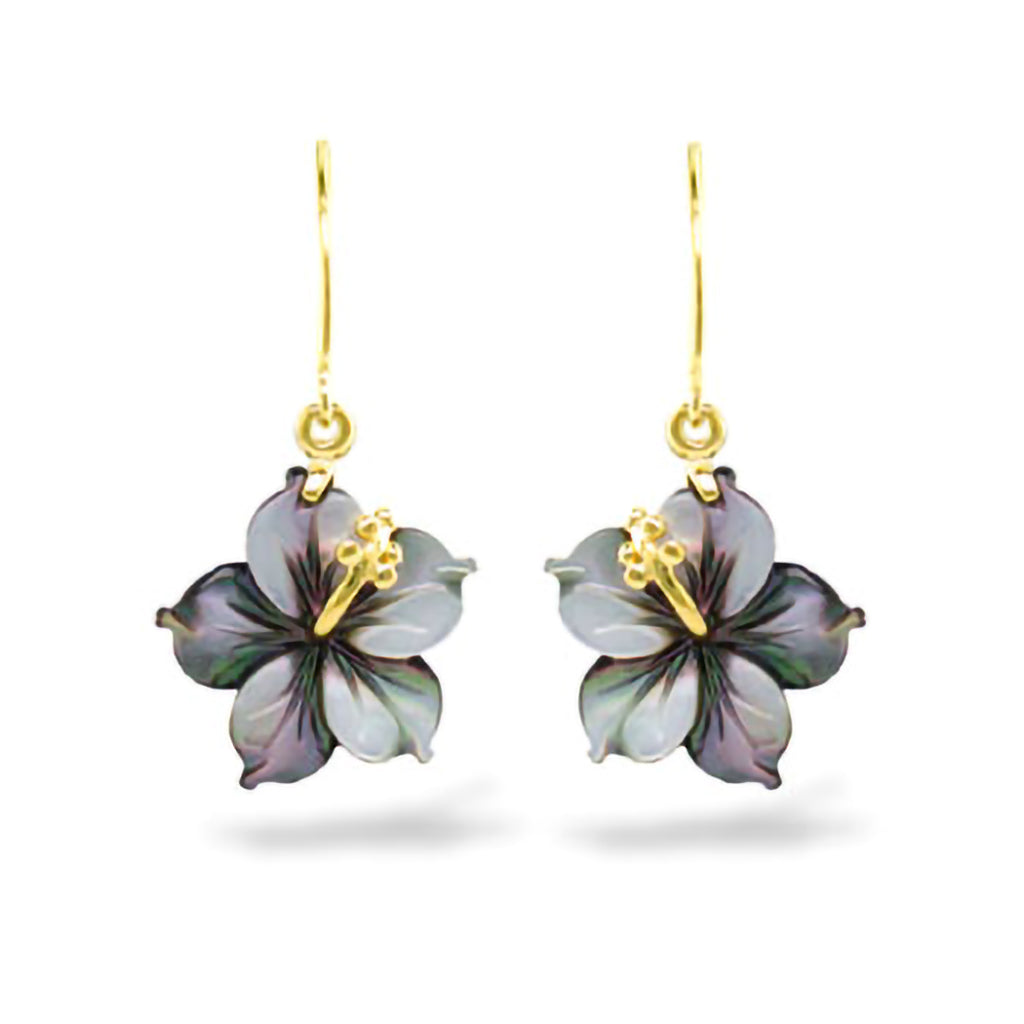 Hibiscus-detailed tahitian mother of pearl earrings with 14k yellow gold stamen and dainty french hooks. Item No. 12625