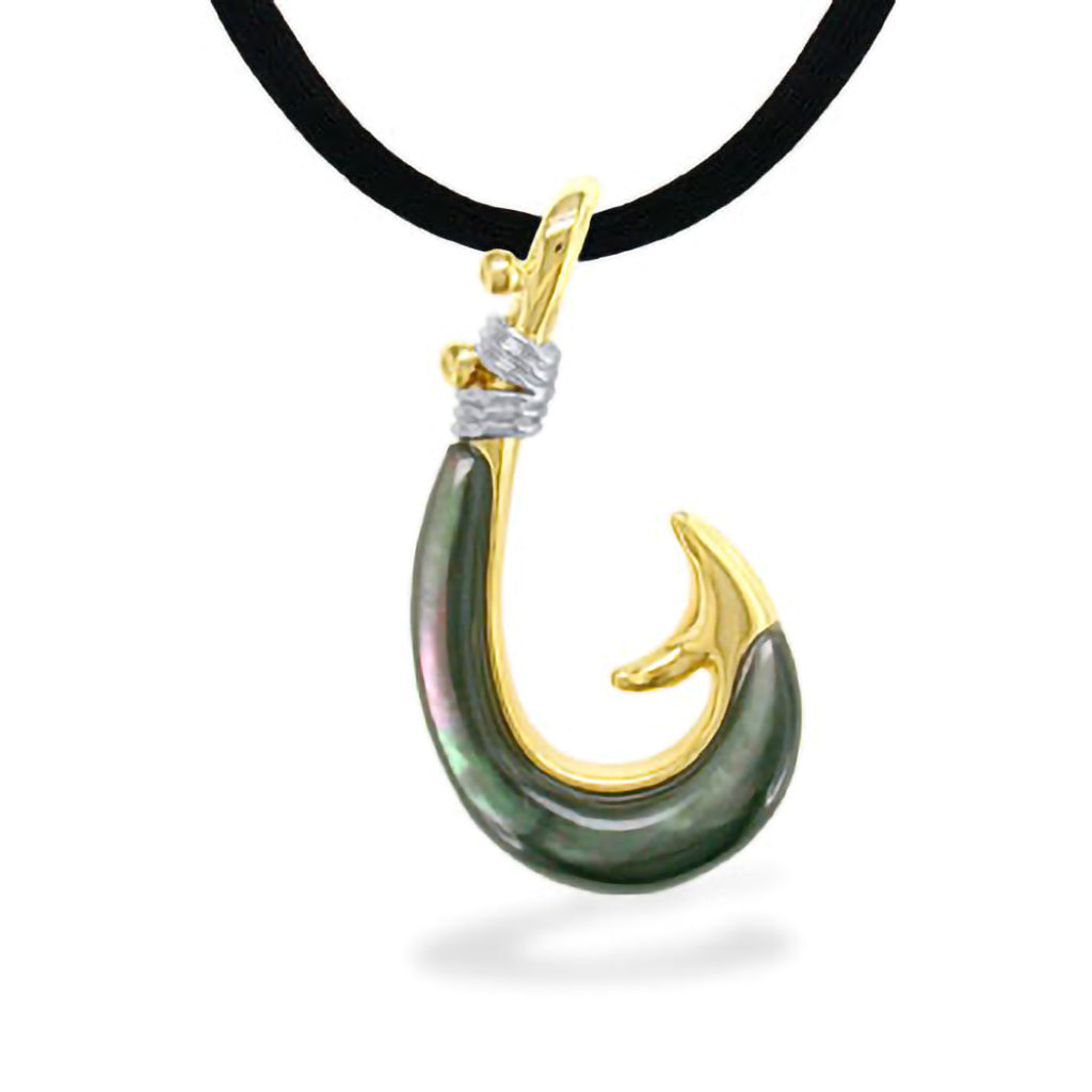 Polished 14k yellow gold fish hook pendant inlaid with tahitian mother of pearl & a 14k white gold cord wrap. Item No. 12929