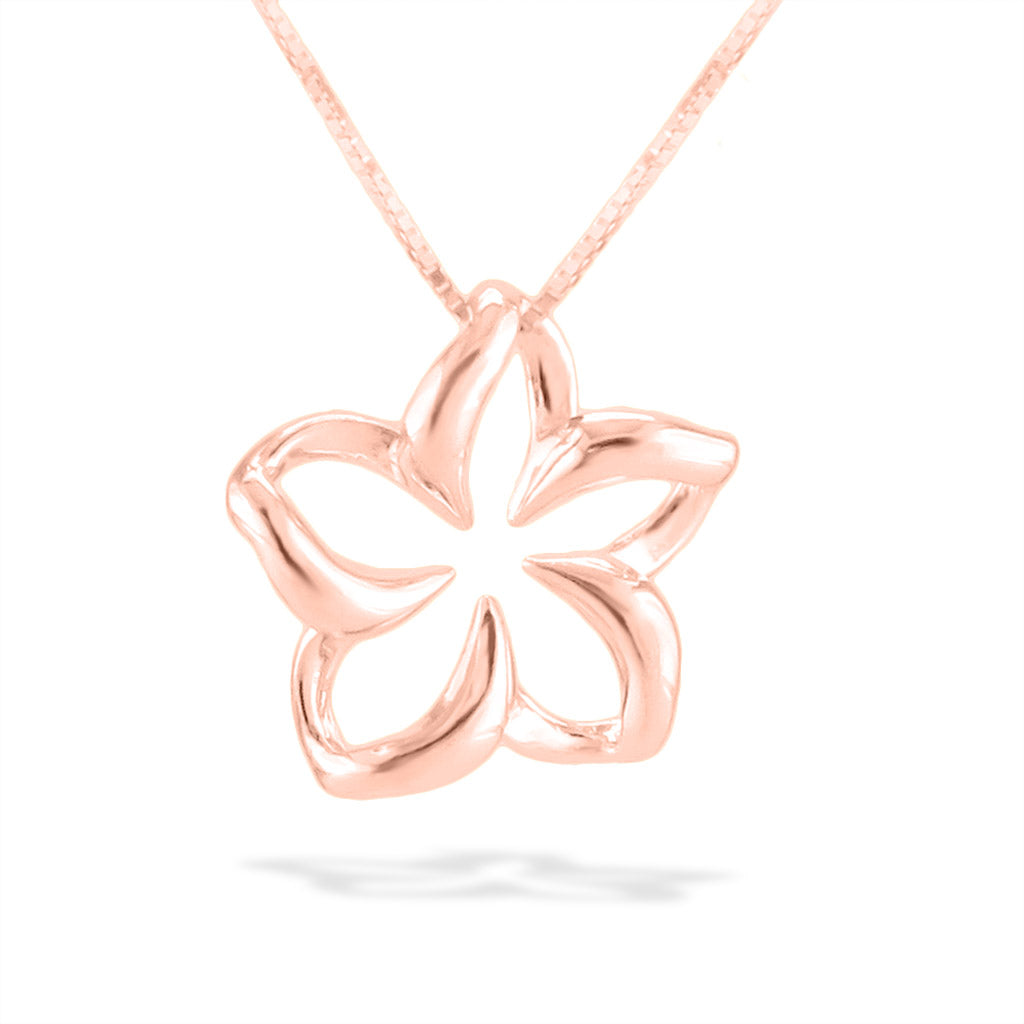 Delicate floating plumeria pendant featuring smooth, sculpted petals & a hollow center, crafted in rose gold. Item No. 13178