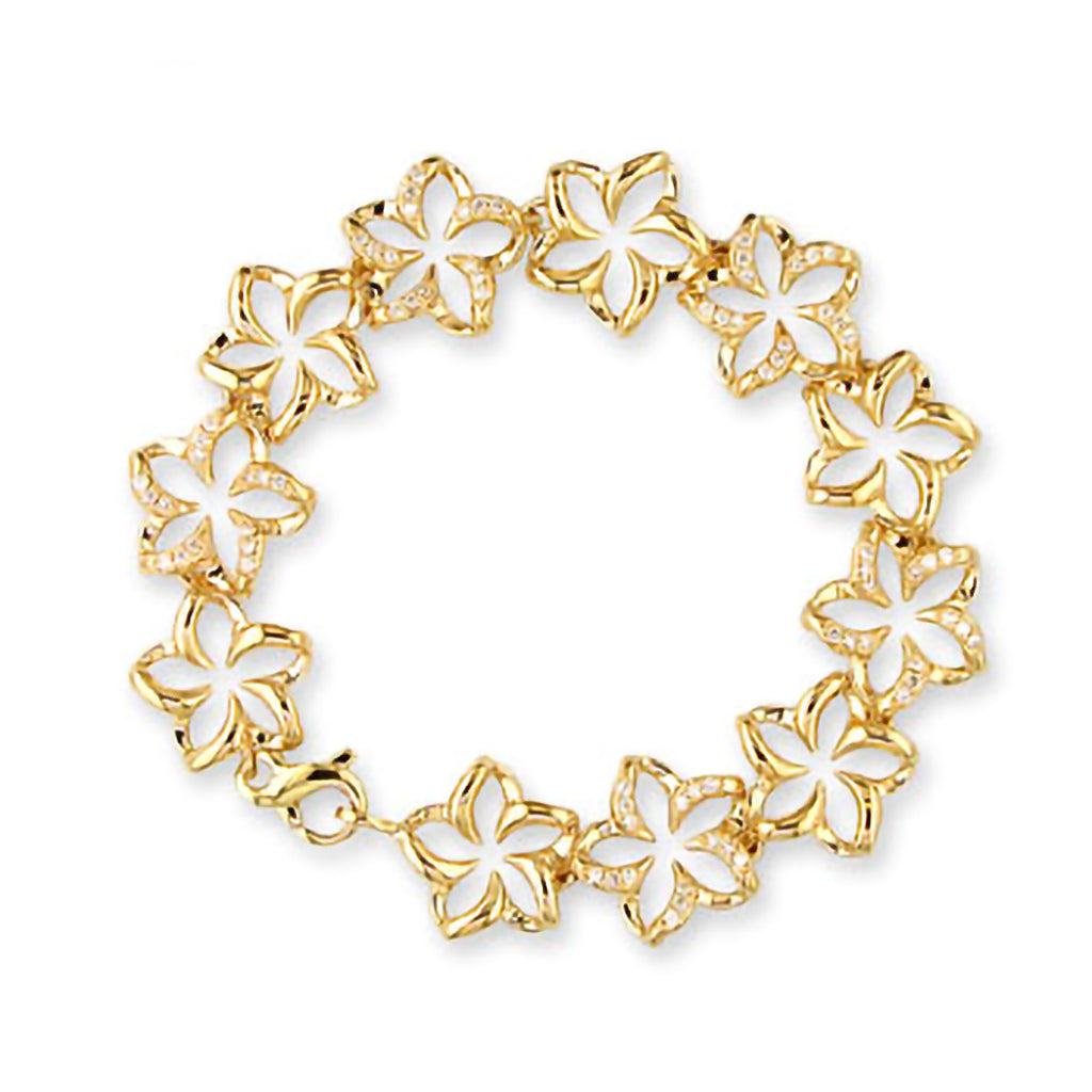 Floating plumeria linked bracelet with pavé-set diamond details, made in 14k yellow gold. Item No. 13192