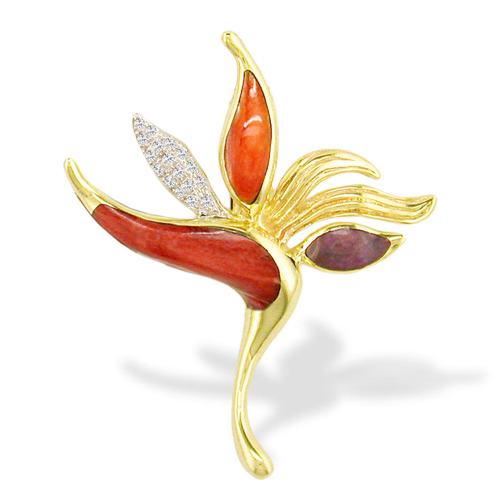 Yellow gold bird of paradise enhancer with vibrant spiny oyster inlay and diamond-accented petal detail. Item No. 13238