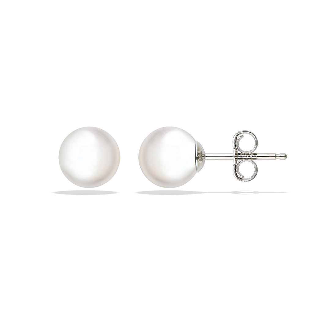 Elegant 6mm white akoya pearl studs mounted with right side showing 14k white gold posts & secure earnuts. Item No. 14607