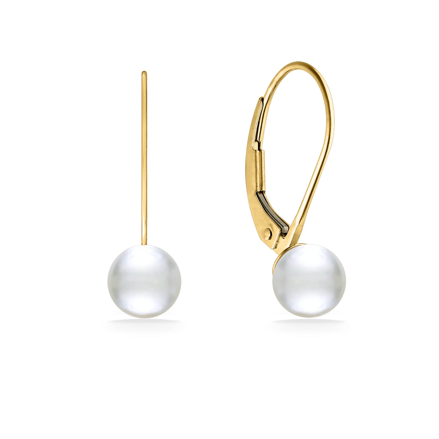 White akoya 5.5mm pearls with one fully visible & other at an angle to show type of 14k yellow gold leverback. Item No. 14440