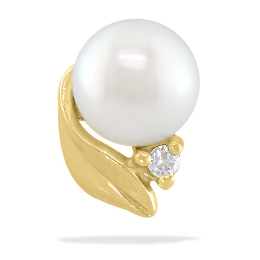 Close-up of 14K yellow gold maile leaf stud earring with white pearl and sparkling diamond detail. Item No. 14485