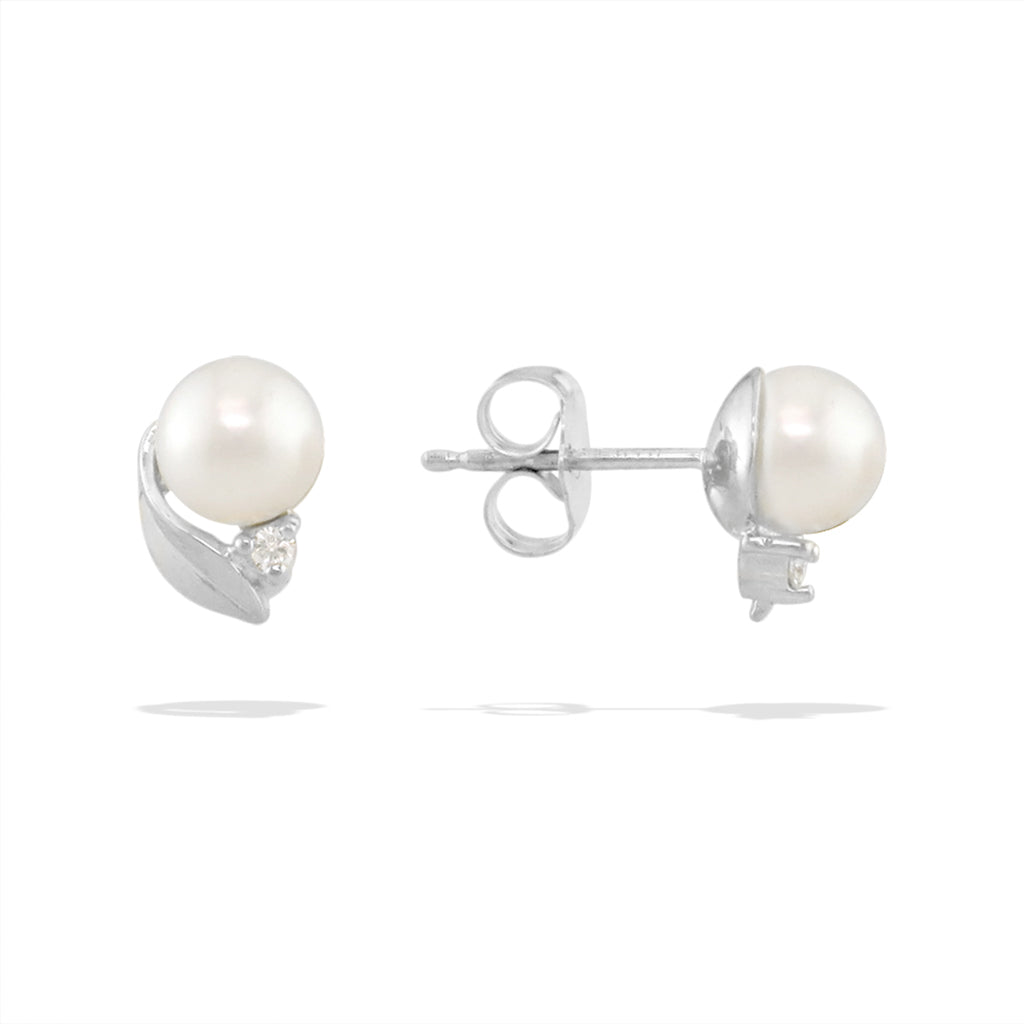 14487 - 14K White Gold - Maile Leaf Freshwater Pearl Stud Earrings