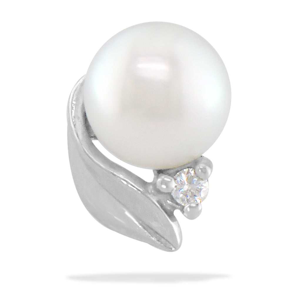 14487 - 14K White Gold - Maile Leaf Freshwater Pearl Stud Earrings