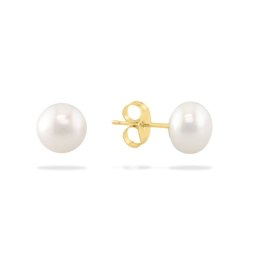 Partial view of white freshwater button pearl stud earrings showcasing the 14k yellow gold post & back used. Item No. 14494