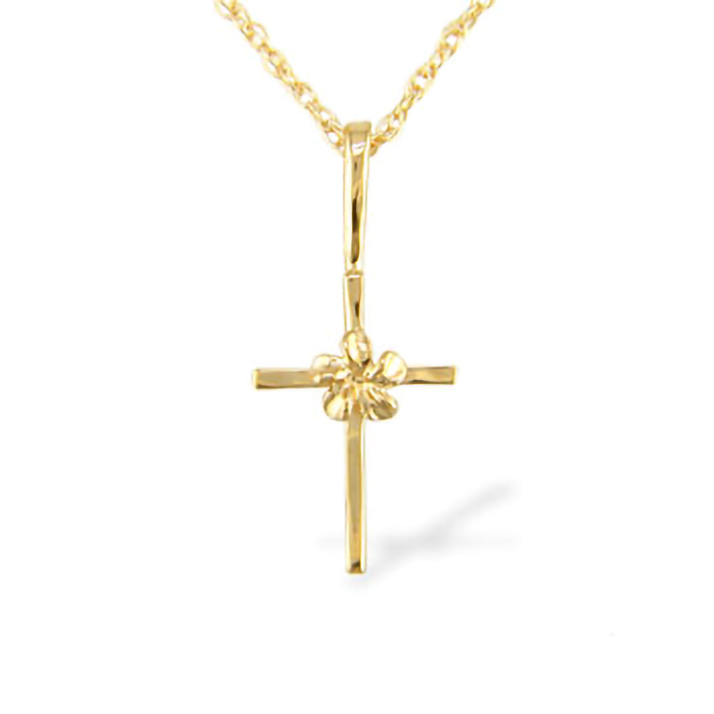 Cross pendant with centered plumeria flower on a sturdy chain, made in 14k yellow gold. Item No. 14905