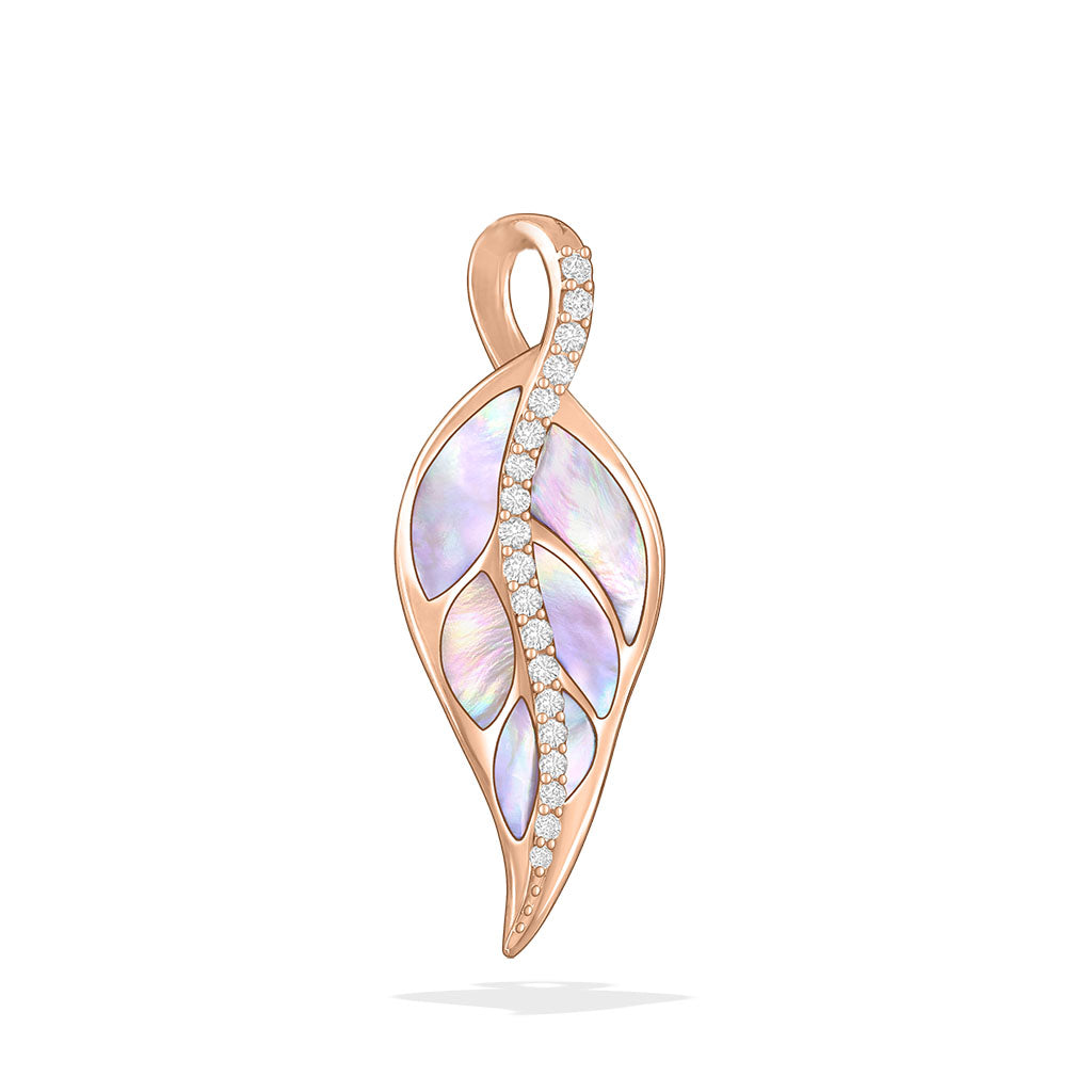 Graceful 14K rose gold maile leaf pendant with iridescent pink mother of pearl & shimmering line of diamonds. Item No. 15076