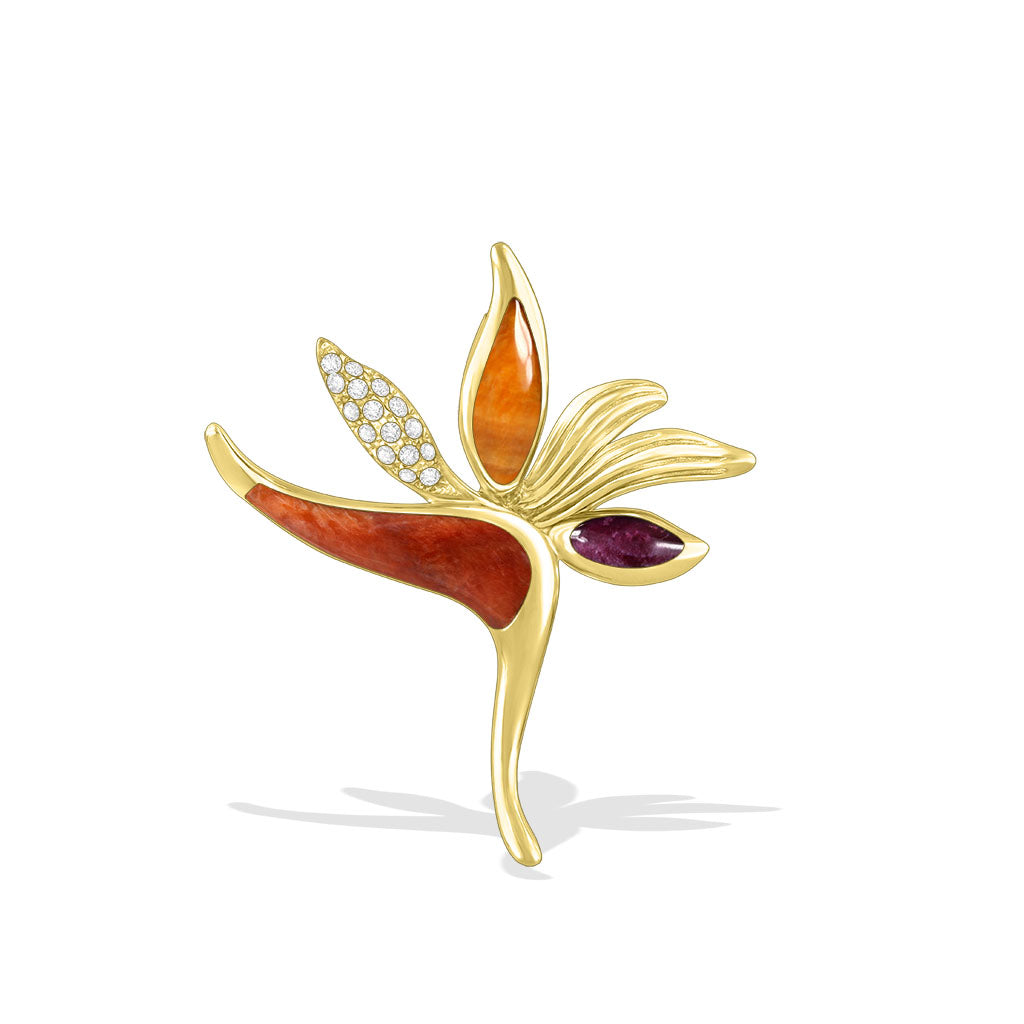 Small bird of paradise pendant in yellow gold with warm-toned inlay and subtle diamond sparkle. Item No. 15182